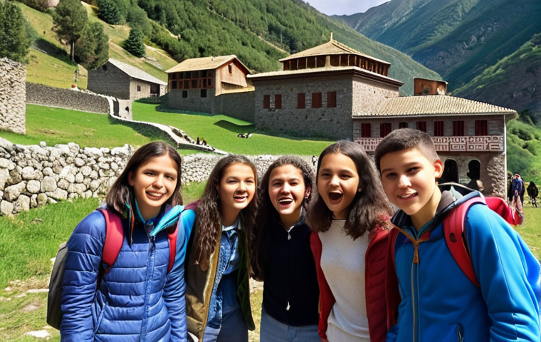 **
Andorran students discovering their country. Capture students on a field trip exploring Andorran landmarks, engaging with local culture, and learning about their heritage with excitement and curiosity.
**